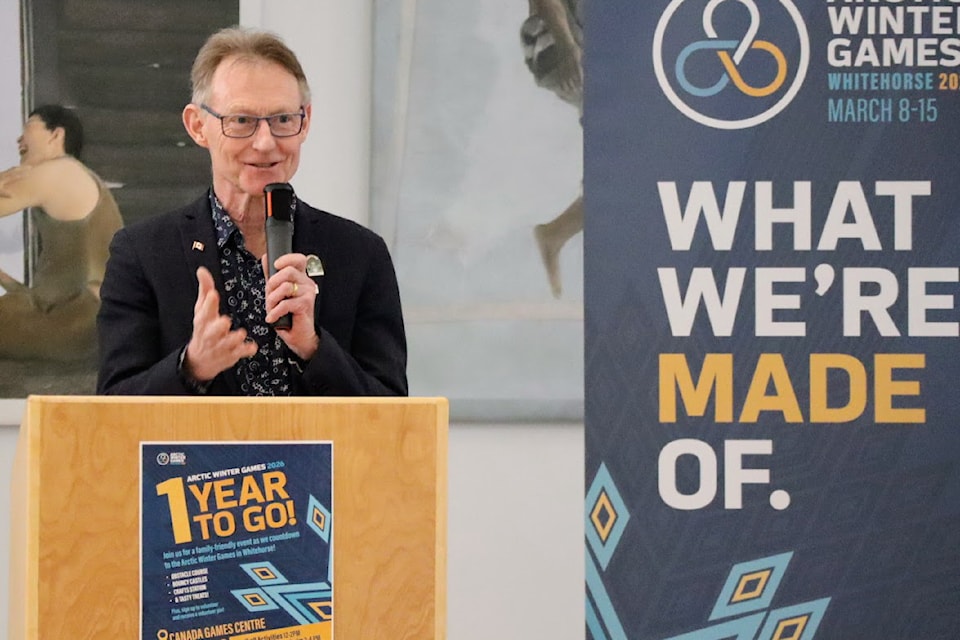 Yukon MP Brendan Hanley speaks at a March 6 event marking one year to the start of the 2026 Arctic Winter Games. (Arctic Winter Games Host Society/Submitted)