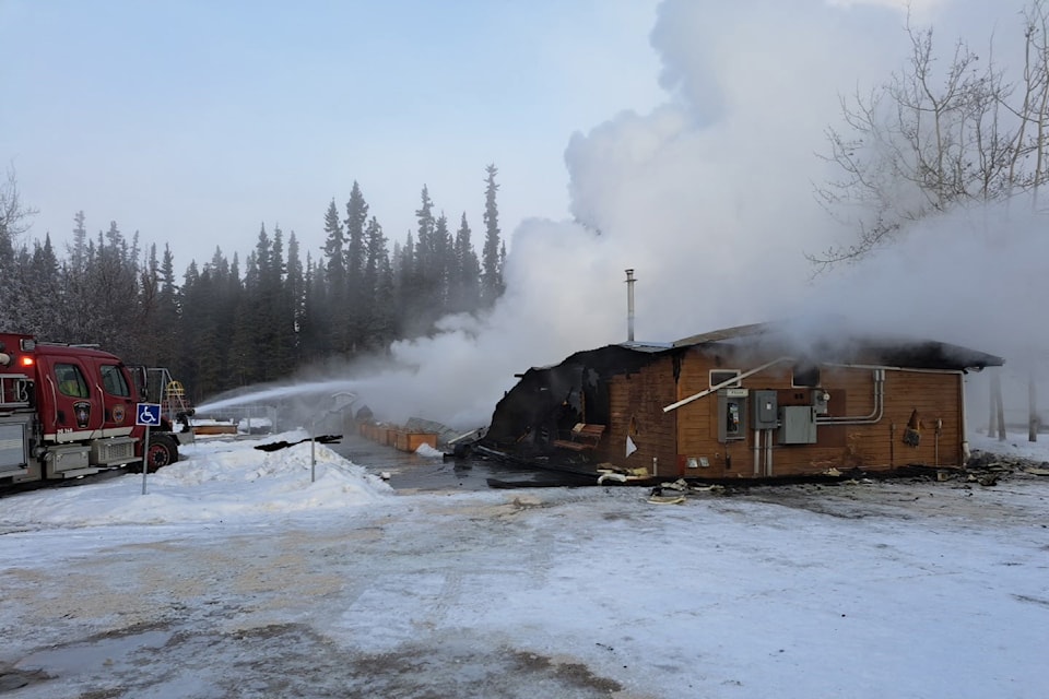 A photo from the scene of a fire at the Tagish Community Centre on March 12, 2025.