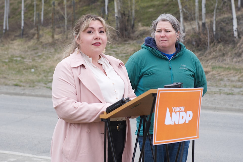 On May 13, 2025, outside Whitehorse General Hospital, Tiara Topps, left, announces that she is seeking the nomination to run as the NDP candidate in Whistle Bend North in the upcoming territorial election while Yukon NDP leader Kate White, right, looks on.