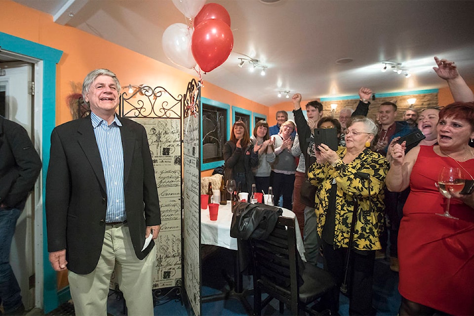 Larry Bagnell is greeted by supporters at the door of Antoinette’s restaurant in Whitehorse on Oct. 21, just minutes after results from the last Yukon election poll were counted and he was declared the territory’s MP for his sixth term. (Crystal Schick/Yukon News)