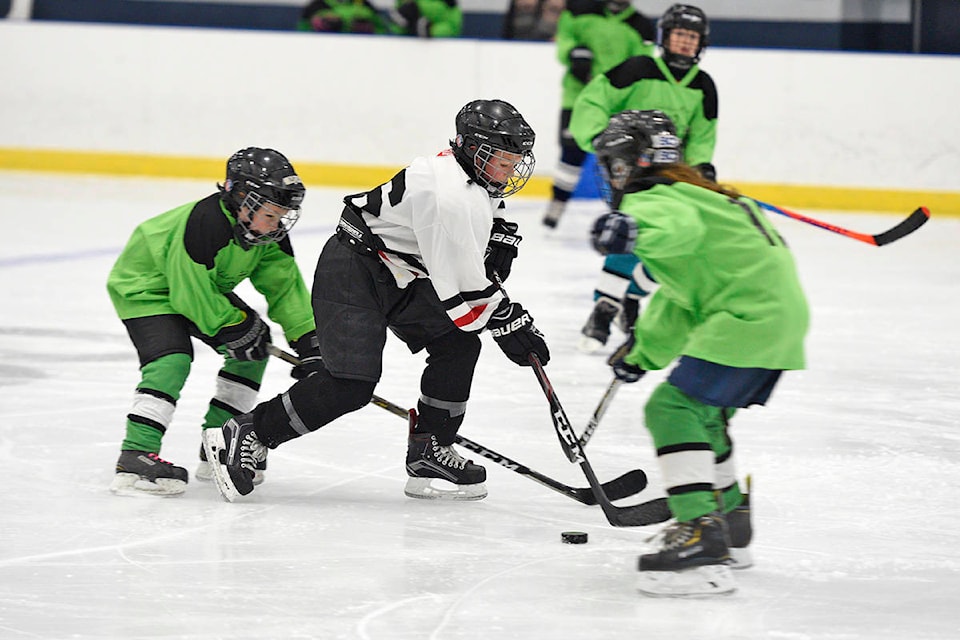 A player for Whitehorse Elementary School tries to split the defence during a game against Golden Horn Elementary School at the 2019 Yukon Elementary School Hockey Tournament on Nov. 27 at the Canada Games Centre in Whitehorse. (John Hopkins-Hill/Yukon News)