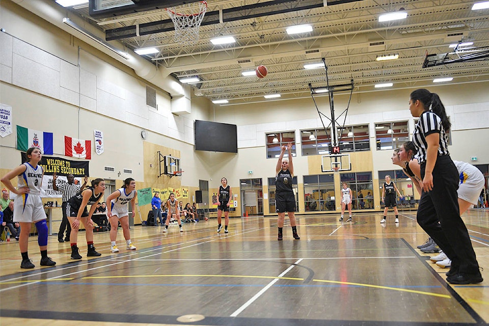 Sammy Demchuk of the F.H. Collins Warriors shoots a free throw during the girls final of the Jamie Shaw Memorial Tournament against Skagway on Dec. 14 in Whitehorse. (John Hopkins-Hill/Yukon News)