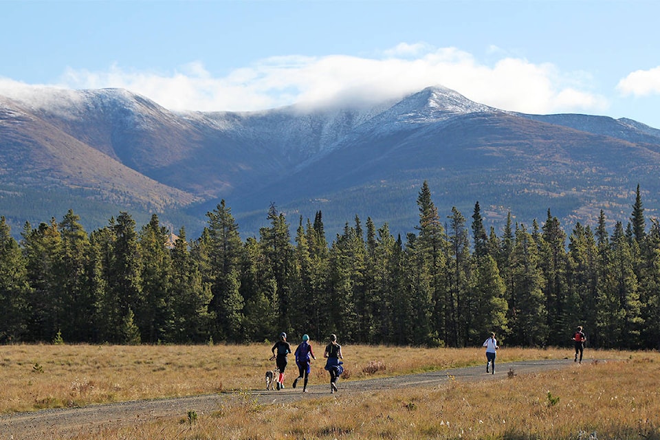 Mountains show the first signs of winter as runners pass through the Annie Lake Golf Course during the 2020 Mount Lorne Mis-Adventure Trail Race on Sept. 13. (John Hopkins-Hill/Yukon News)