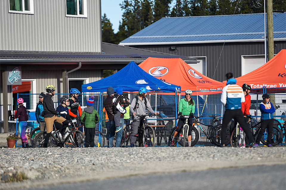 Cyclists prepare to start the Gravel Growler outside Winterlong Brewing on Sept. 19. The event ended with a socially distant beer garden. (Haley Ritchie/Yukon News)