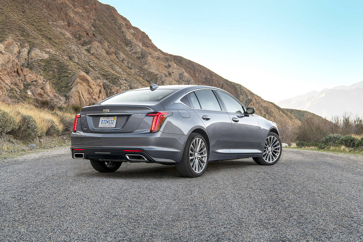 The CT5 is rear-wheel-drive with all-wheel-drive available as an option. Notice the softening of the body lines and the duck-tail truck lid thats reminiscent of BMW styling. PHOTO: CADILLAC