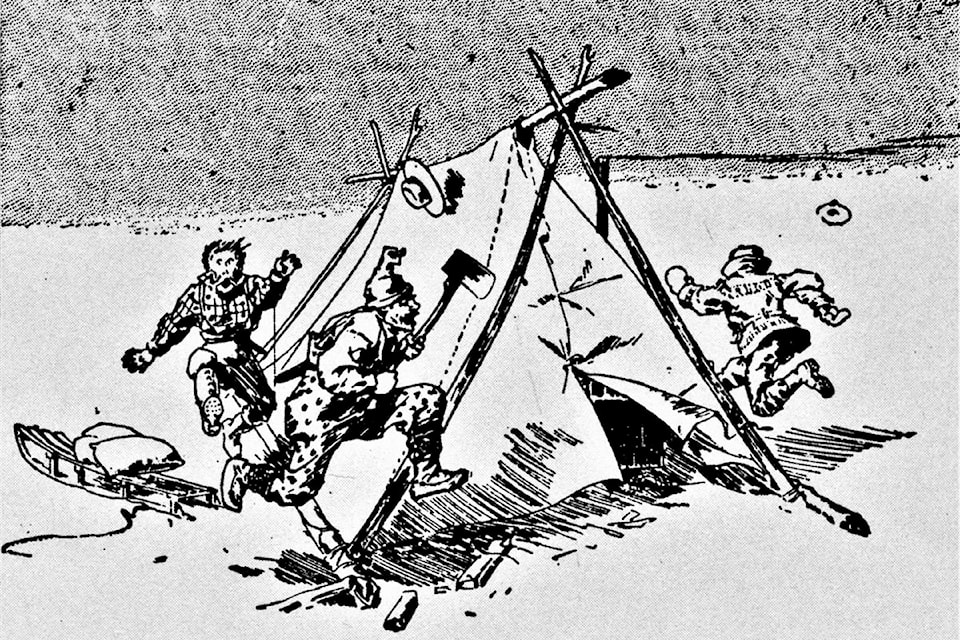 In this illustration, artist-journalist Charles Fripp reveals the human side of tragedy on the Stikine trail to the Klondike in 1898. A man chases his partner around the tent with an axe, while a third man follows, attempting to intervene. (The Daily Graphic/July 27, 1898)