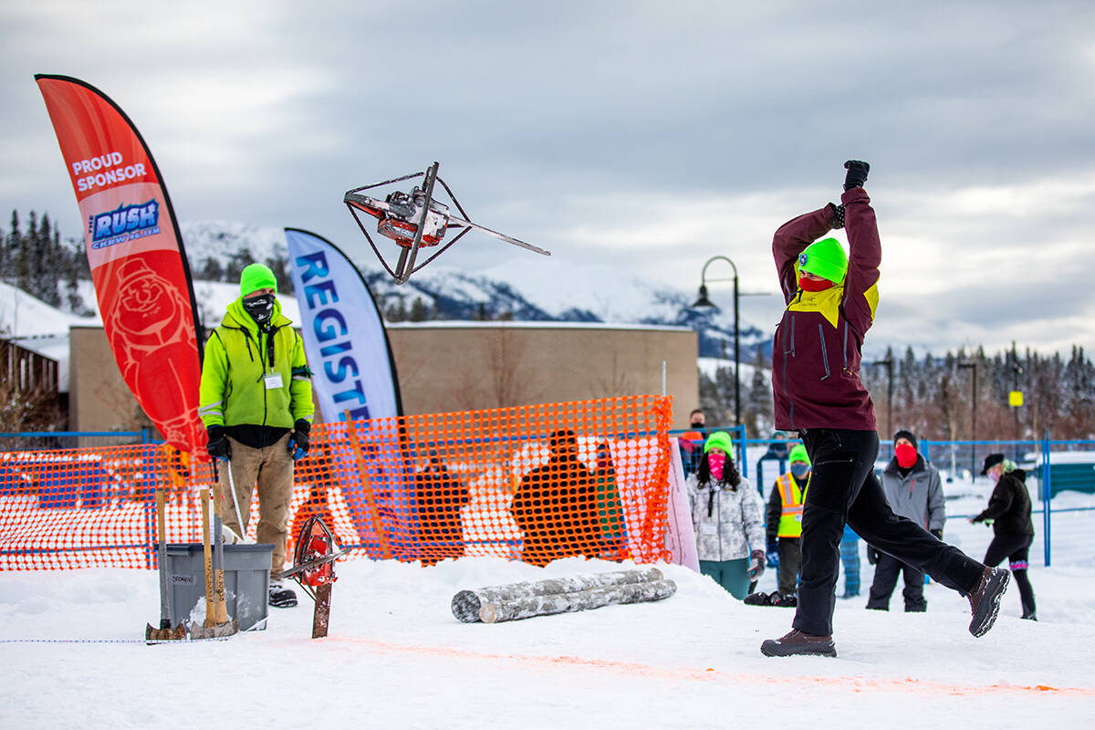Try your hand at the Chainsaw Chuck in Shipyards Park on Rendezvous Weekend, or vote for your favourite video in the "Yukon Strength" online contest. (Manu Keggenhoff Photo)