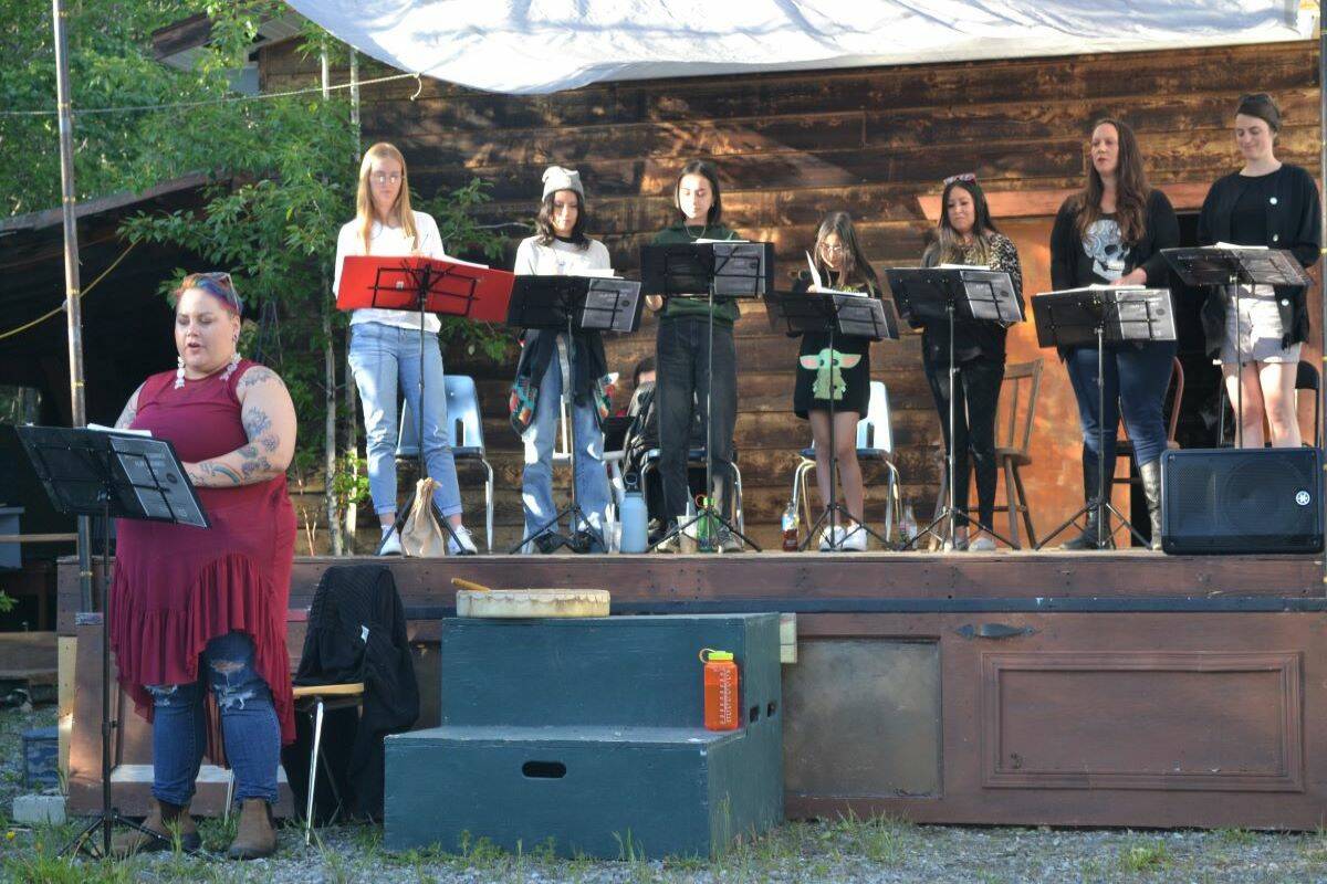 The performance ensemble during their final moments of the second play. From left, Kayleigh Lafontaine, Simone Kitchen (stage manager; standing in for Miki Wolf), Tyra Ashauntie, Isabelle James Walker, Trinity Vittrekwa, Roreigh Eftoda and Rosalind Crump. (Magan Carty/Yukon News)