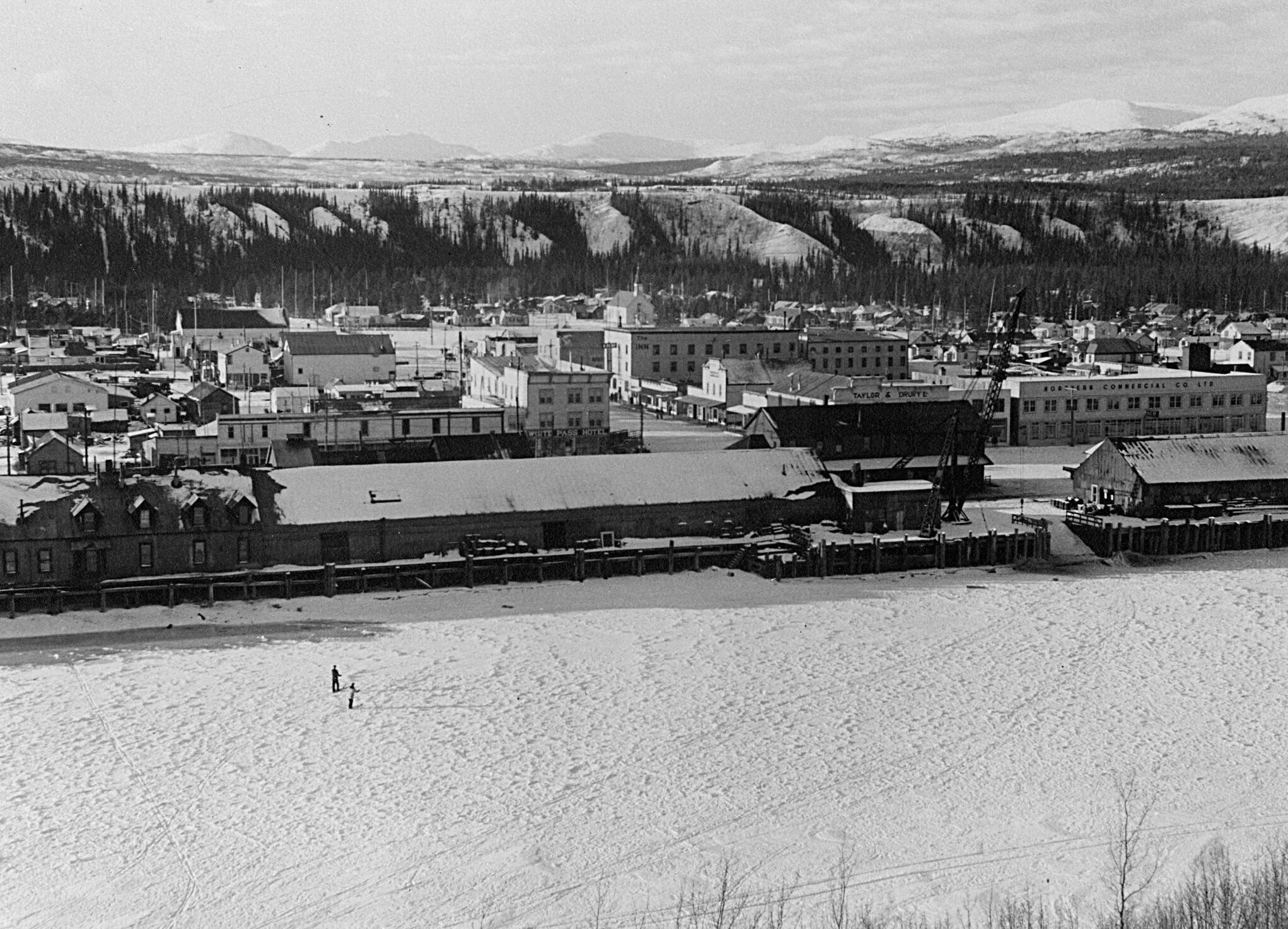 Hubert Hollingworth photographed the Whitehorse waterfront during the winter of 1944-45. How many buildings do you recognize today? (Gates collection/Hubert Hollingworth photo)