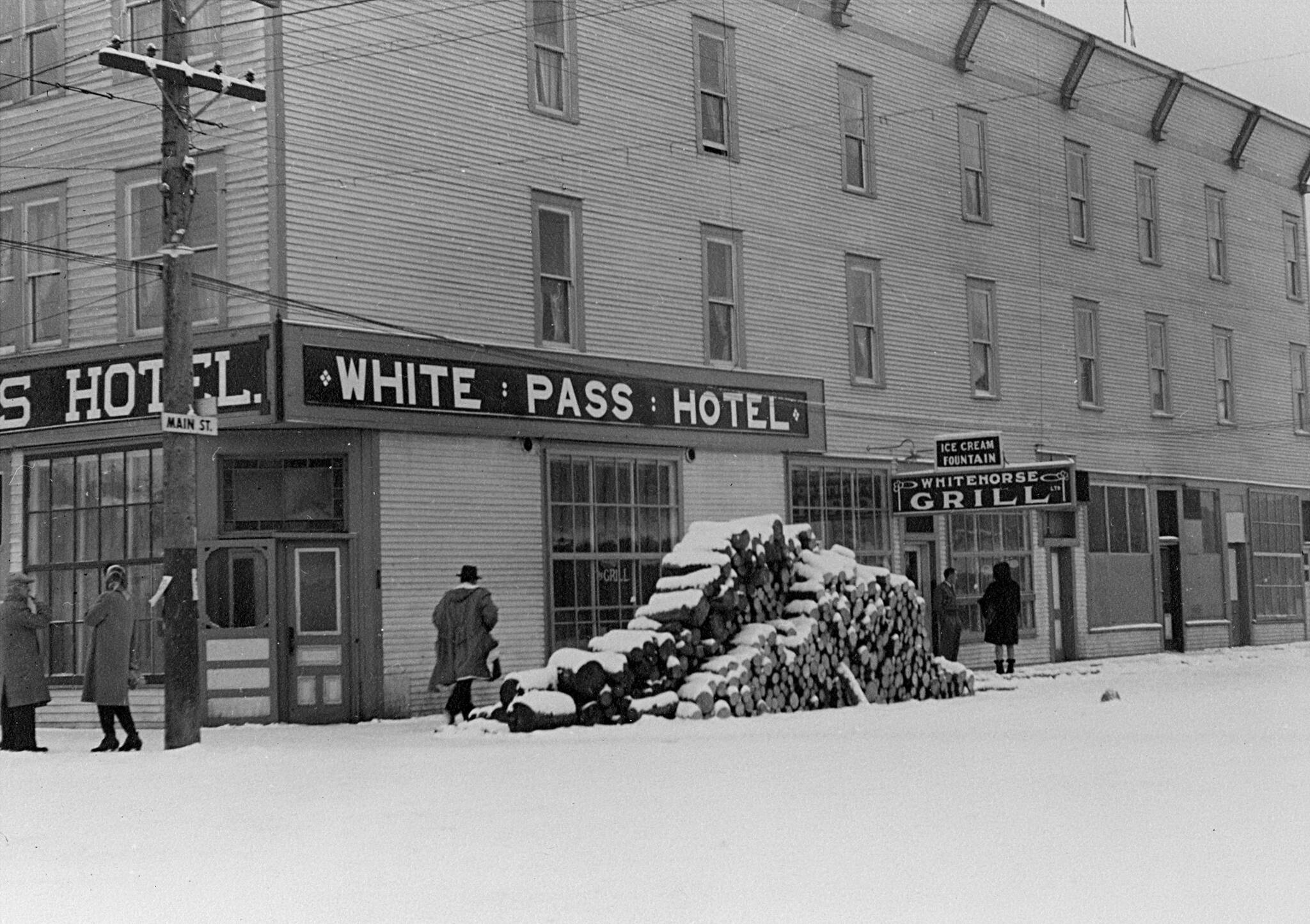The White Pass Hotel, seen the winter of 1944-45, was on the corner of Front and Main streets, where the Edgewater Hotel stands today. (Gates collection/Hubert Hollingworth)