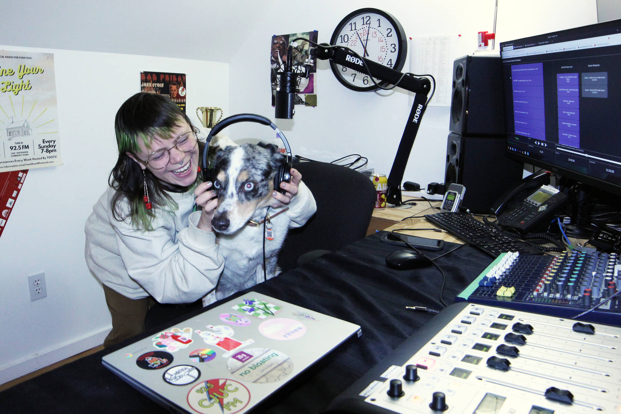 Meredith Pritchard, co-host of Sad Girl Power Hour, poses with dog Ranger. (Dylan MacNeil/Yukon News)
