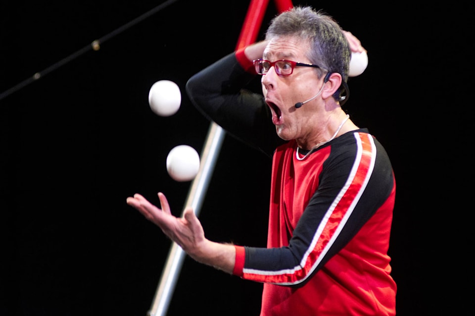Bob Palmer, aka “Flyin’ Bob”, showed off various feats of juggling and other skills during his one-man circus show at the Yukon Arts Centre on Jan. 8. (Jim Elliot/Yukon News)