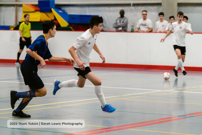 Yukon’s junior male futsal team played their first game at the Arctic Winter Games on Jan. 29 in Wood Buffalo, Alberta with a 6-1 win over Team Alaska. (Sarah Lewis/Team Yukon)