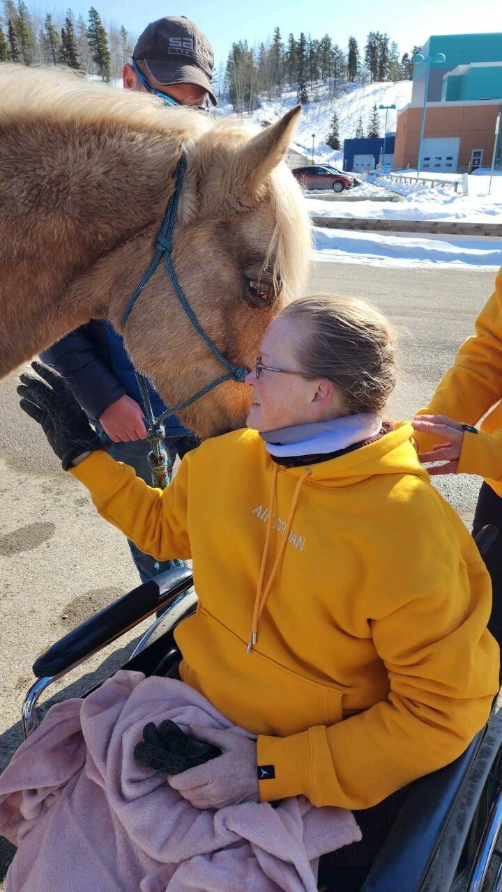 Diane Quilty greets one of the horses she visited with at Whitehorse General Hospital. (Courtesy/Rita Smith)