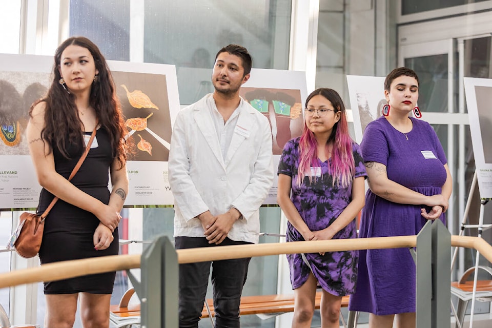 Left to right: Eila Vallevand, Dustin Sheldon, Karra MacIntosh and Olivia Cox are the four artists from Whitehorse chosen as recipients of YVR Art Foundation’s 2023 art scholarship awards. (Courtesy/Kim Bellevance)