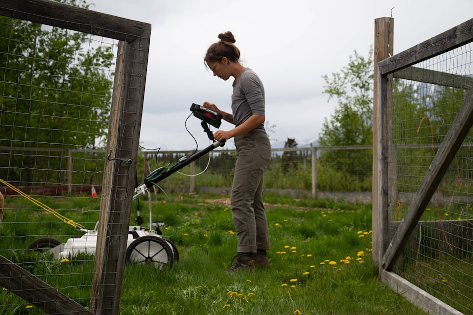 Anna Turner-Collinge, an employee of GeoScan, performs ground-penetrating radar work in Carcross on June 9. (Courtesy/Max Leighton)