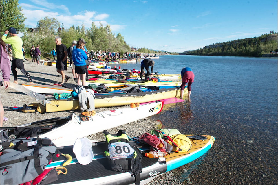 The horn sounded at Rotary Peace Park on Tuesday morning, signalling the start of the 2023 Yukon River Quest (Amy Kenny/Yukon News)