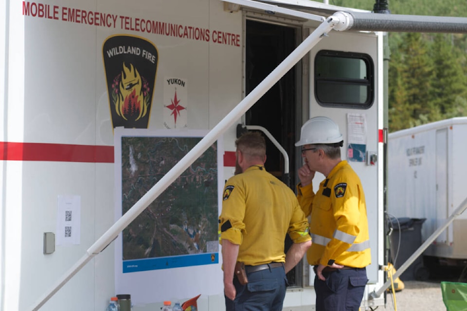 Yukon Wildland Fire Management’s mobile emergency telecommunications centre at the Takhini Bridge fire staging area in the Yukon’s Ibex Valley on July 14. (Dana Hatherly/Yukon News)
